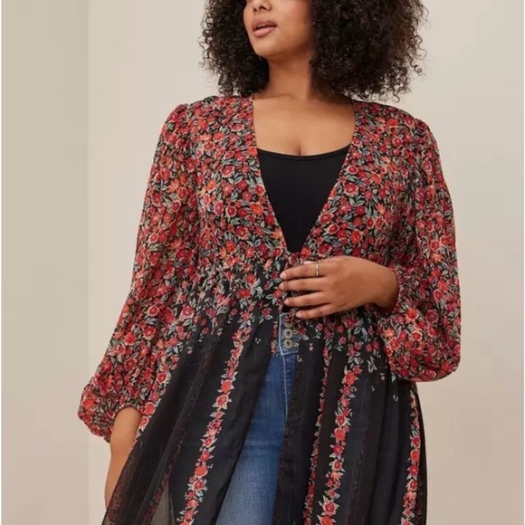 torrid Tops - Torrid Lurex Chiffon Tie-Front Maxi Floral Kimono Multi Size 3 Paisley Black